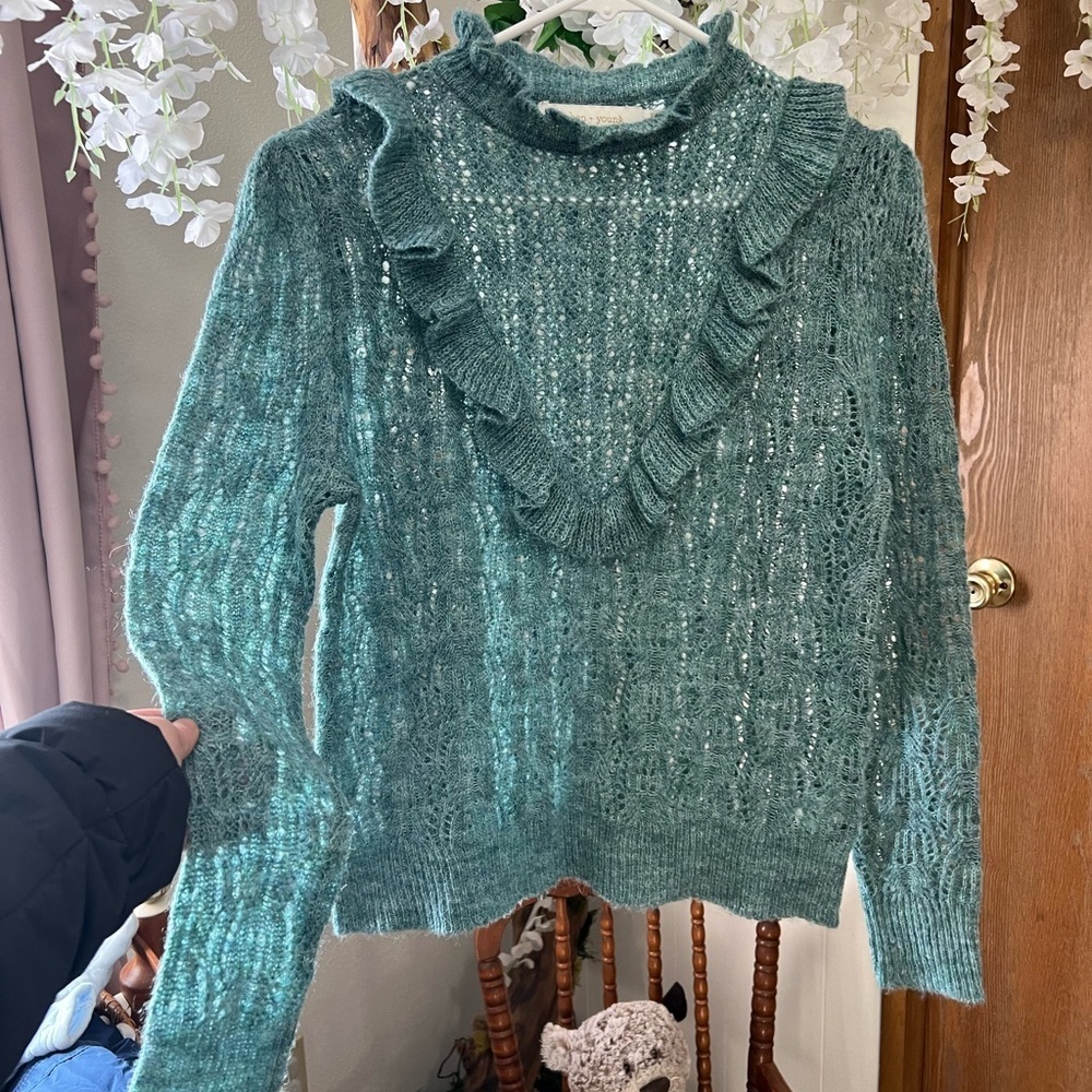 Bishop + Young Chic Ruffled Knit Sweater in Teal